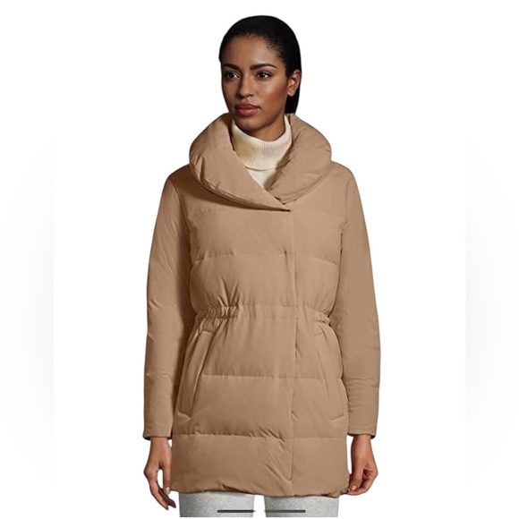 Land's End Super Puff Quilted Stretch Down Wrap Coat Beige Down Feather Filled - Picture 1 of 15